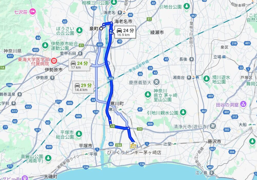 神奈川県厚木市泉町から茅ヶ崎市までの車のルート
